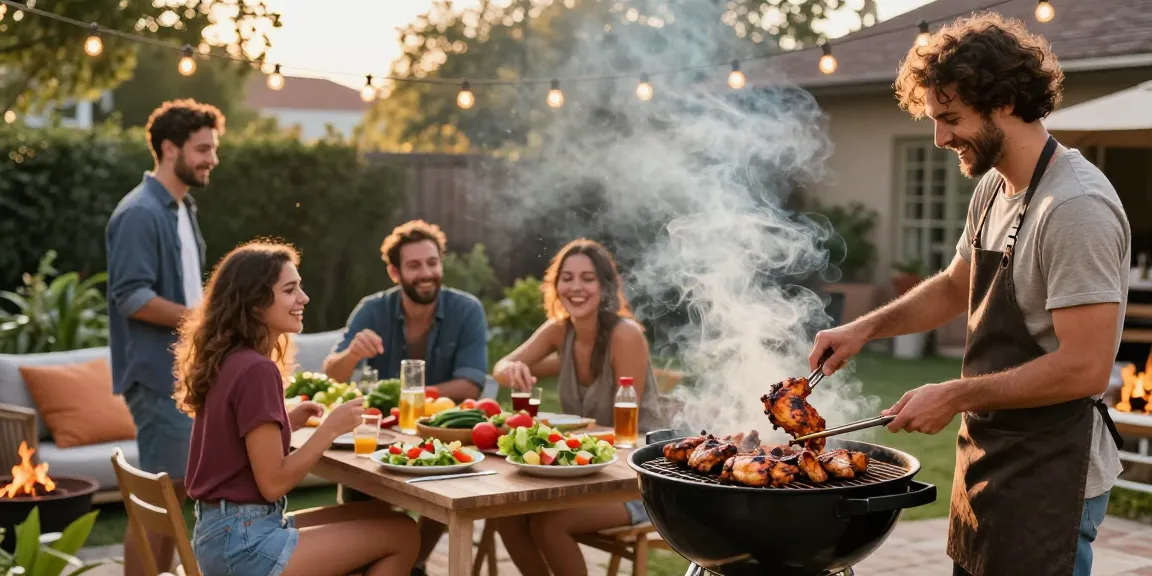 Suasana barbeque di halaman belakang dengan teman-teman menikmati hidangan BBQ dan kebahagiaan, elemen BOS88 termasuk makanan.