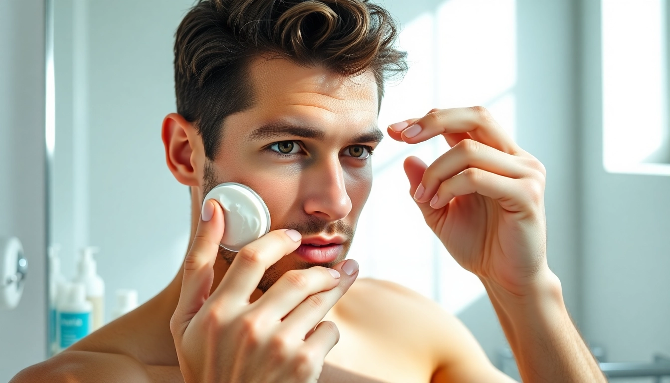 Showcase a modern skincare routine for men with products that enhance skin appearance.