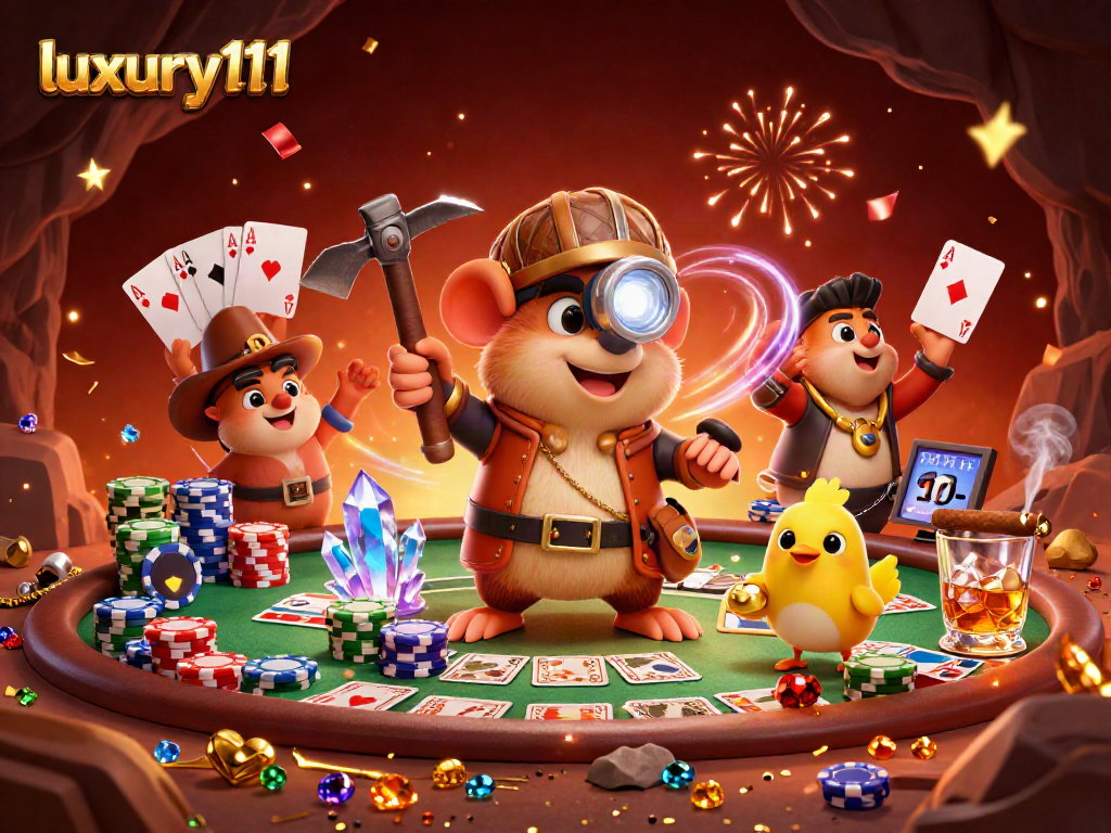 Experience luxury111 in this vibrant casino scene with a treasure hunter mole, poker elements, and celebratory fireworks.