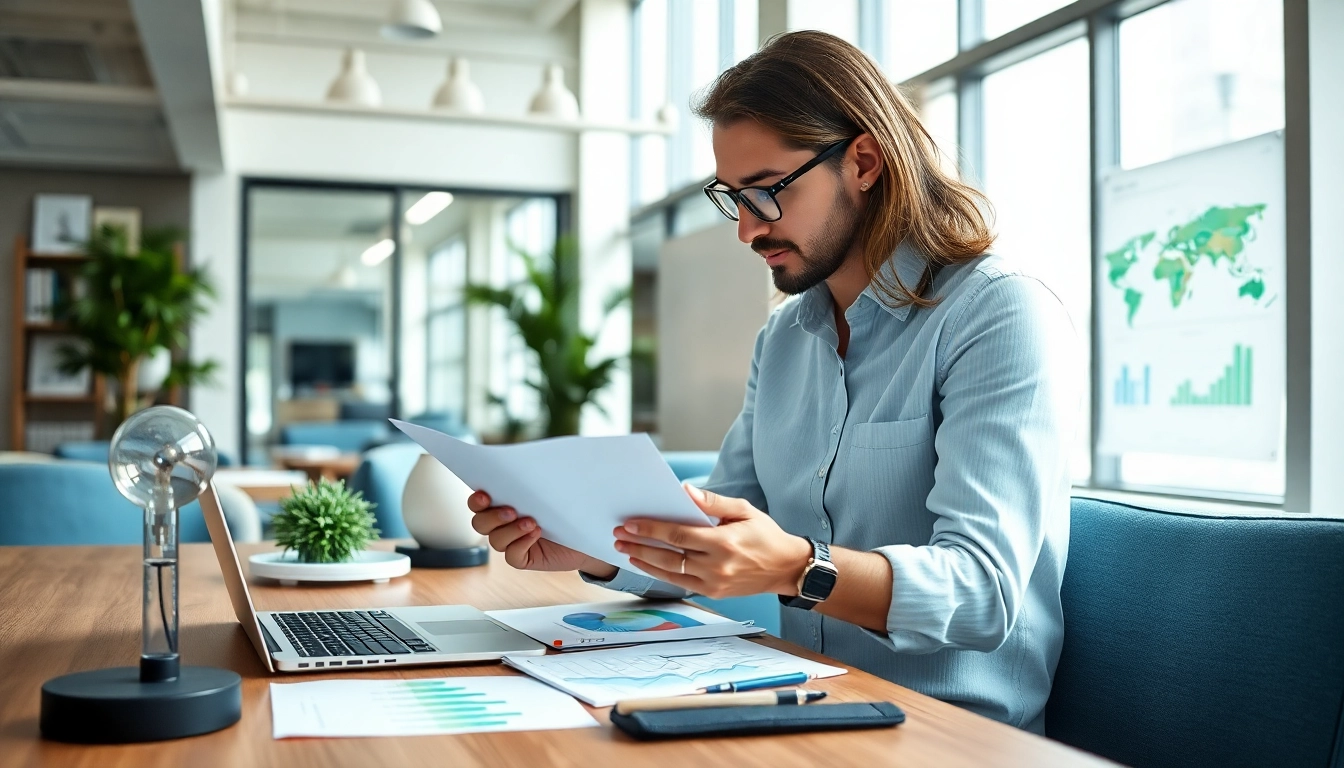 Carbonxgen consultant analyzing energy data in a bright modern office environment.