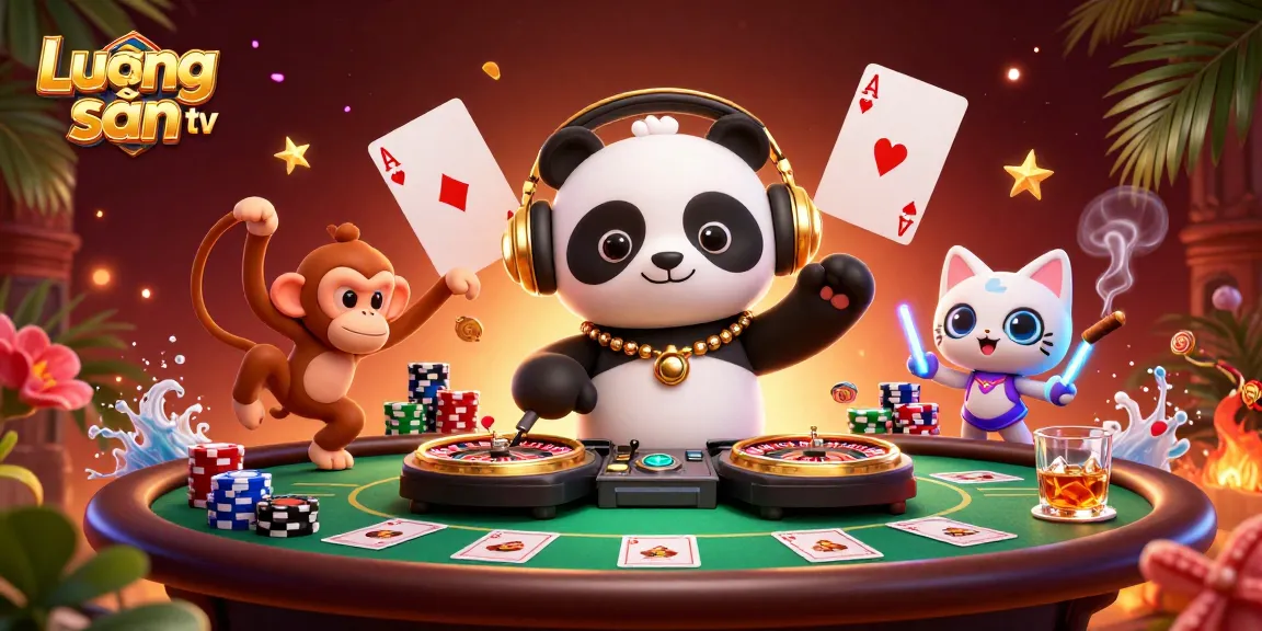 Lương sơn tv brings excitement with a DJ panda spinning near vibrant poker elements.