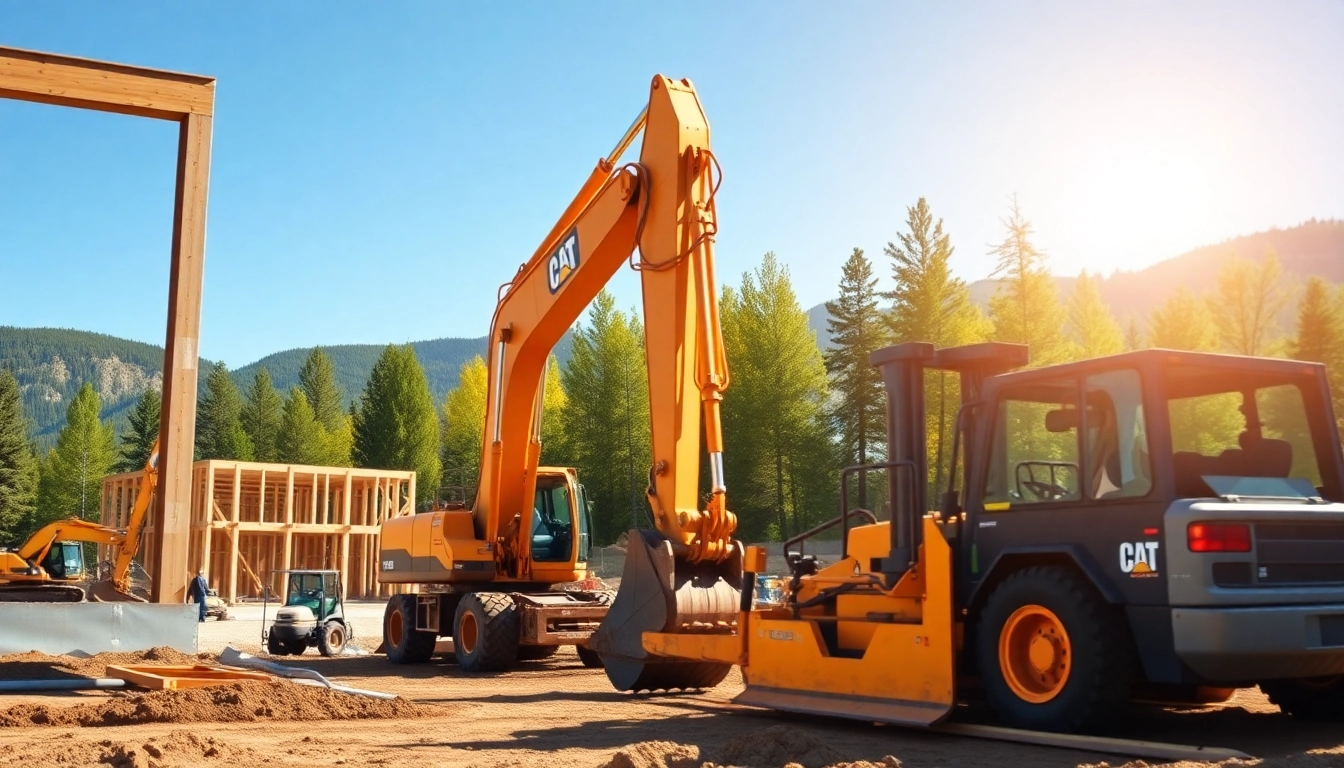 Showcasing Columbia Falls equipment rental with active machinery and scenic mountain backdrop.