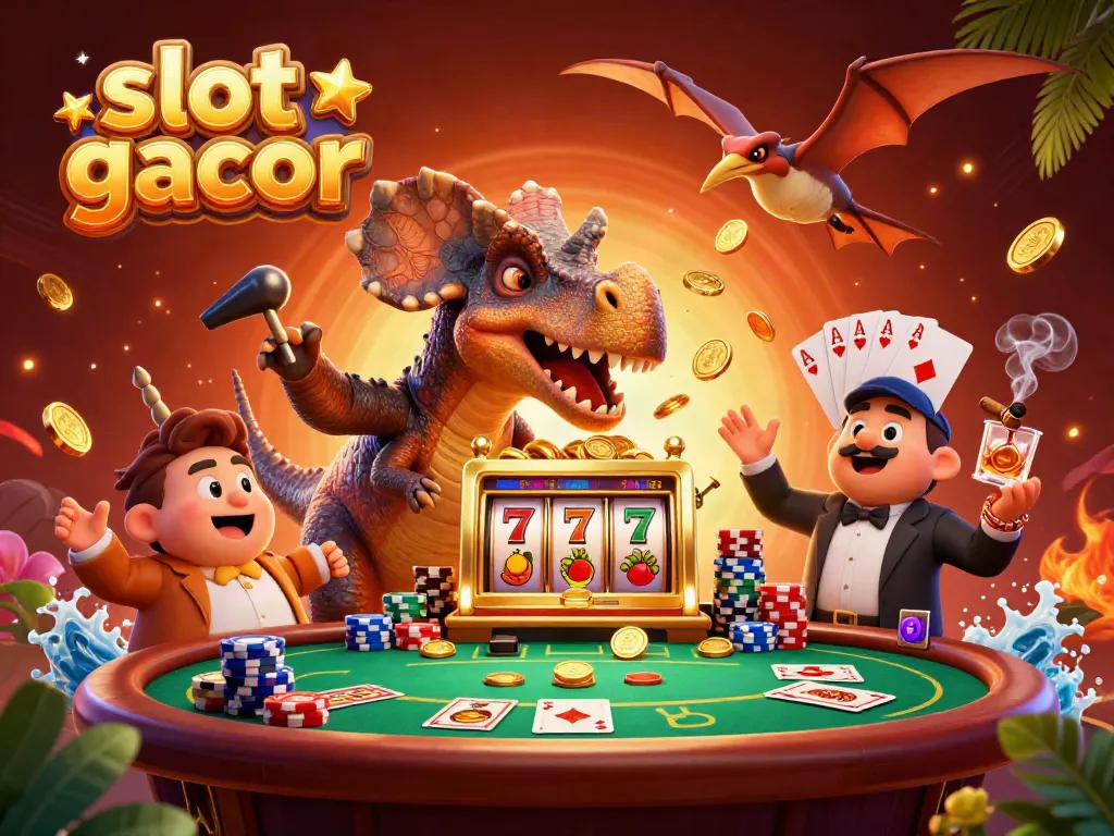 Dalam ilustrasi 3D yang detail, slot gacor diwakili oleh dinosaurus bermain mesin slot sambil menangkap koin emas.