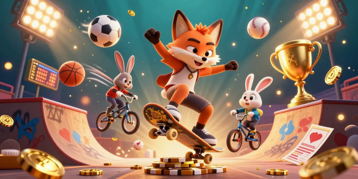 BULANTOGEL showcases a 3D cartoon fox and rabbit performing tricks amidst vibrant casino symbols and dynamic sports elements