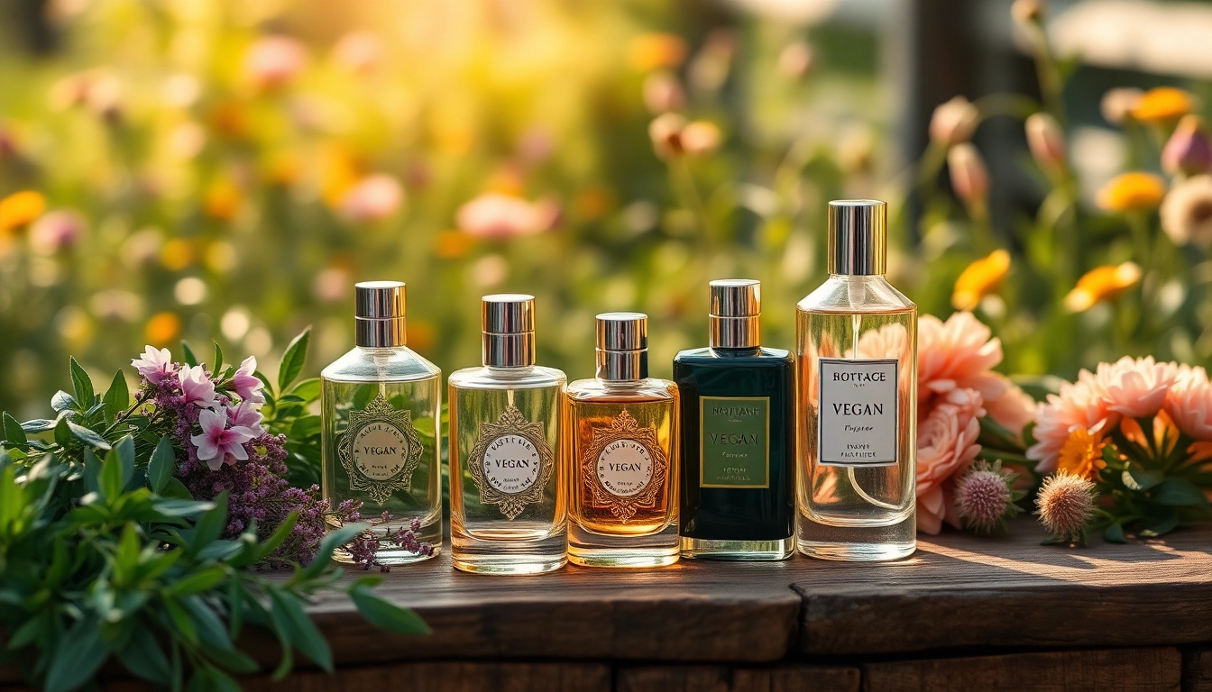 Explore Vegan Fragrances displayed elegantly with fresh herbs and warm lighting.