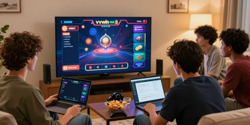 Cảnh tượng chơi game tại nhà, nhóm bạn chơi vvwin cùng nhau trong không gian ấm cúng.