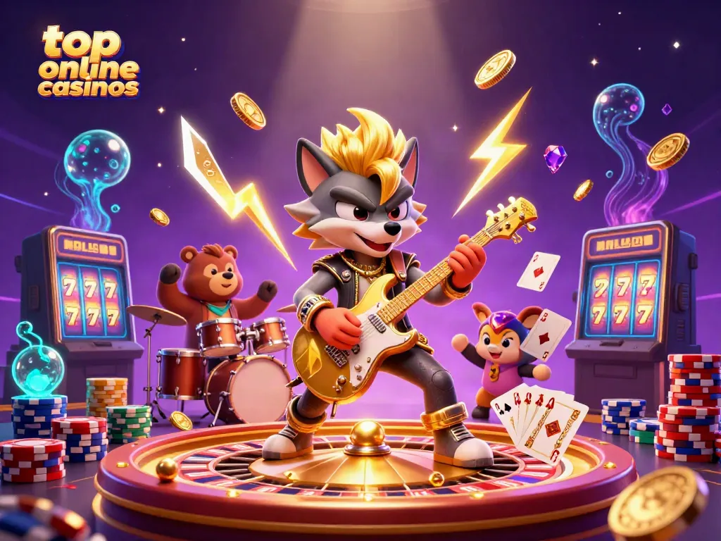 Experience top online casinos with a vibrant 3D scene showcasing a rock star wolf and casino elements.