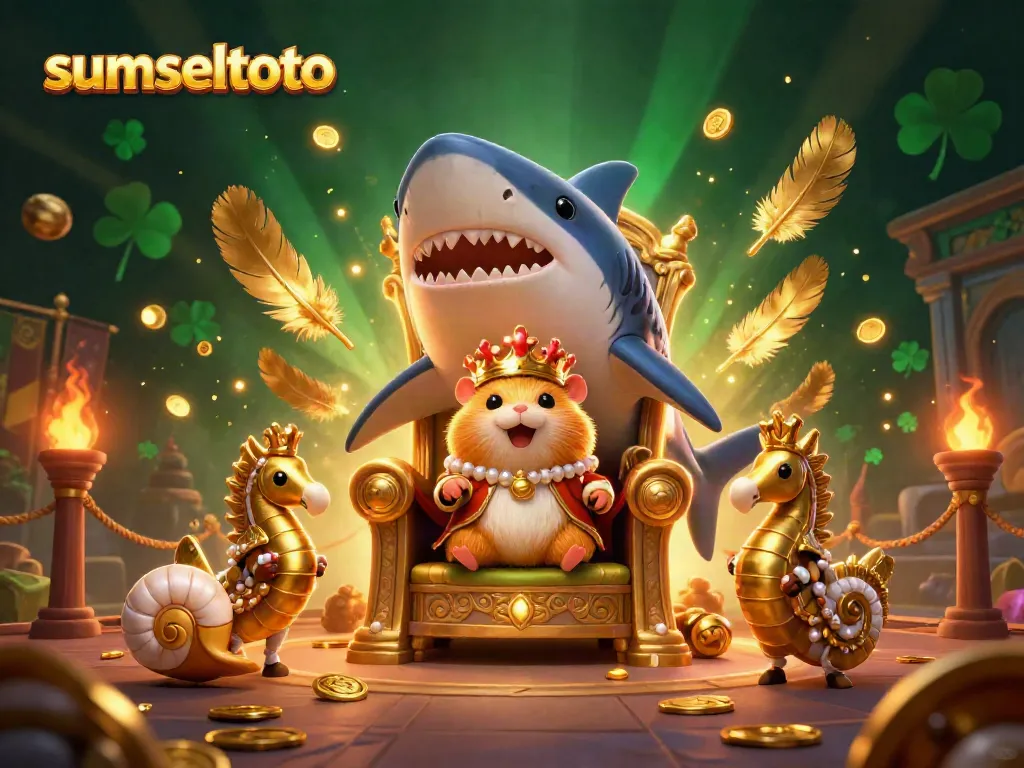 Engage with sumseltoto's thrilling comic-style illustration featuring a fierce golden hamster king amidst exciting slot-themed elements.