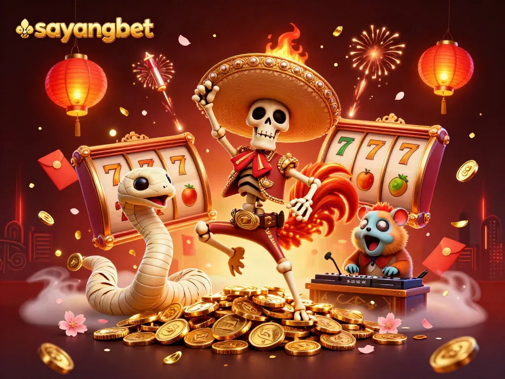 Experience excitement at sayangbet with a vibrant casino scene featuring animated characters celebrating amidst dazzling slot reels and gold coins.