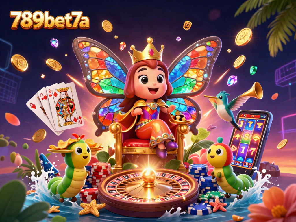 Experience the vibrant energy of 789bet7a with a lavish illustration of a casino queen surrounded by casino-themed elements.