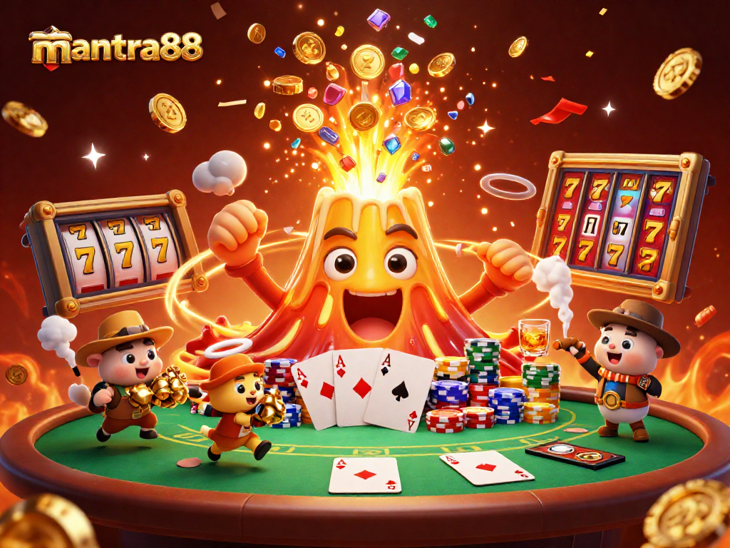 Win big with mantra88: Vibrant illustration of a golden volcano and treasure amidst lively casino elements.
