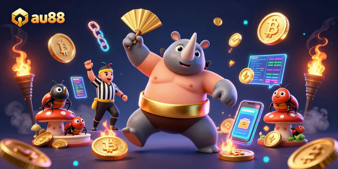 Join the excitement at au88 with this lively scene featuring a sumo beetle champion, gold coins, and crypto elements.