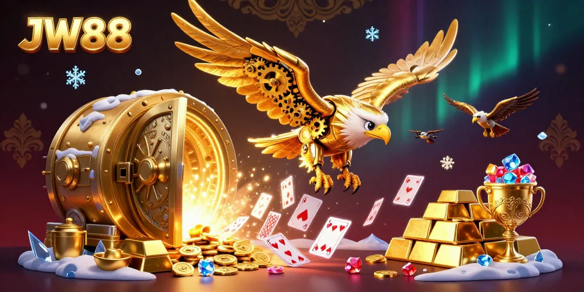 Engage in thrilling experiences at JW88 with a cybernetic golden eagle diving through holographic cards.