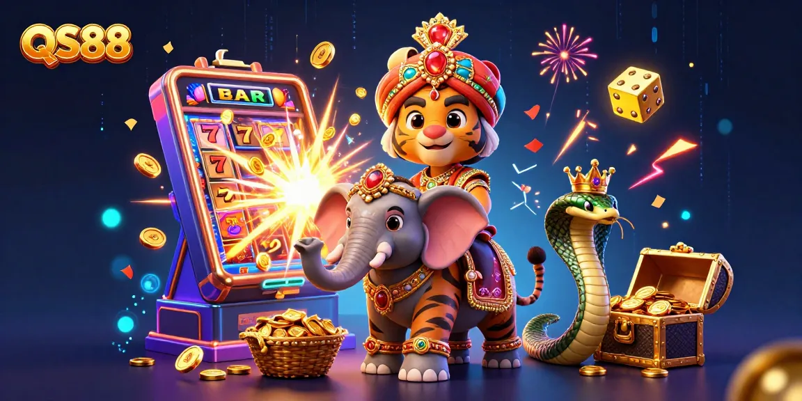 Experience big wins at QS88 with this vibrant, action-packed casino illustration featuring exciting game elements.