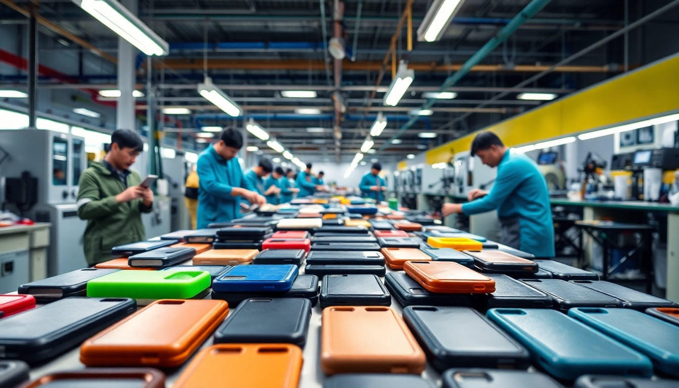 Crafting at a phone case factory, showcasing products and skilled workers in action.