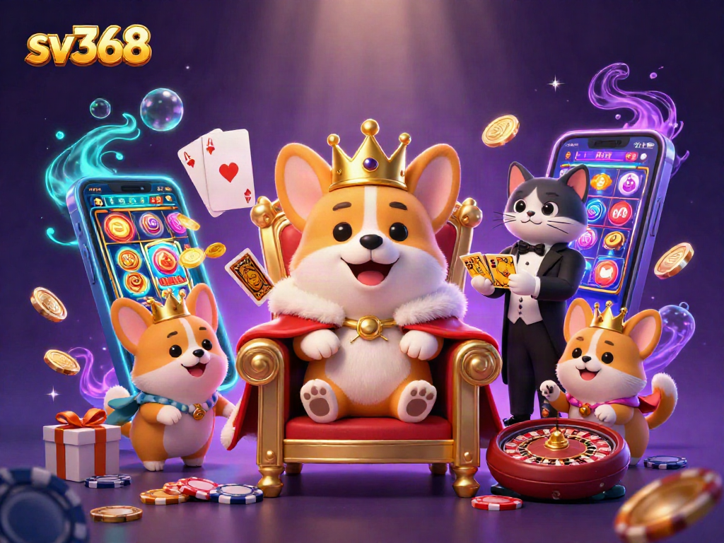 Experience sv368's vibrant casino scene with a royal corgi on a throne of poker chips