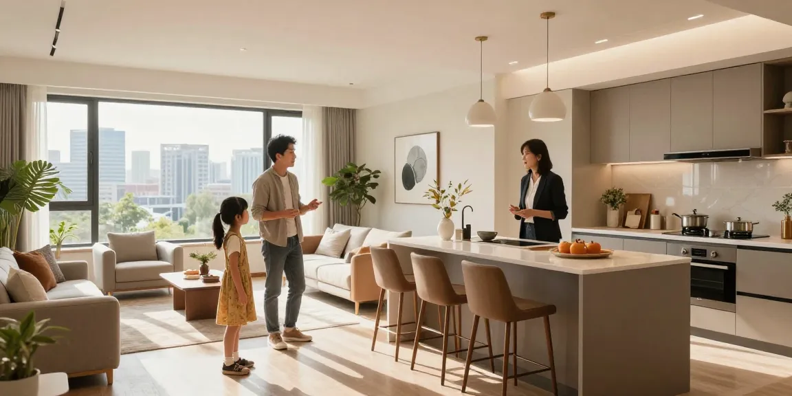 Familie besichtigt Woning-unie Wohnraum mit modernen Möbeln und hellem Licht.