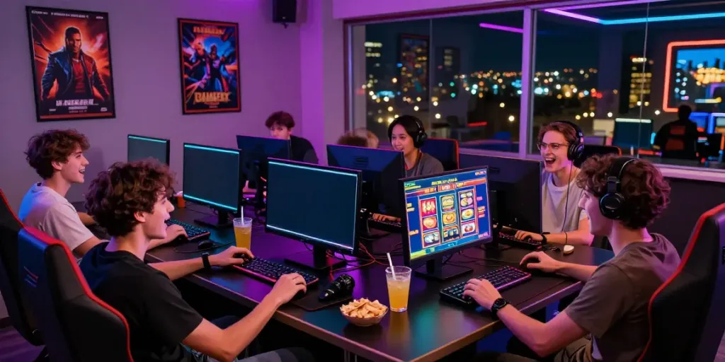Exciting group of friends playing situs slot gacor in a vibrant gaming lounge.