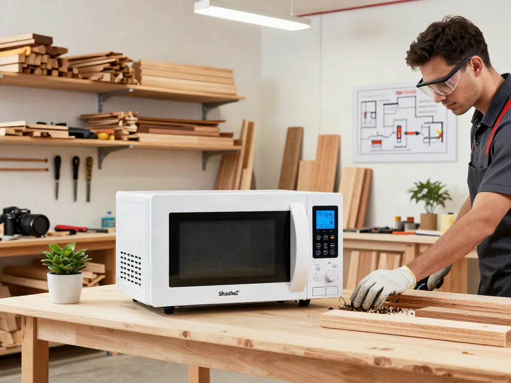 Shashel® microwave equipment effectively eliminating wood-boring insects in a modern workshop.