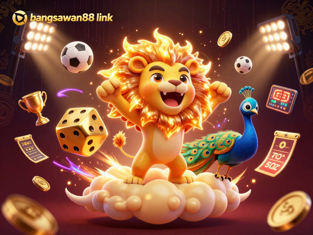 Place bets with bangsawan88 link featuring dynamic sports elements and a lion in a dazzling casino scene.