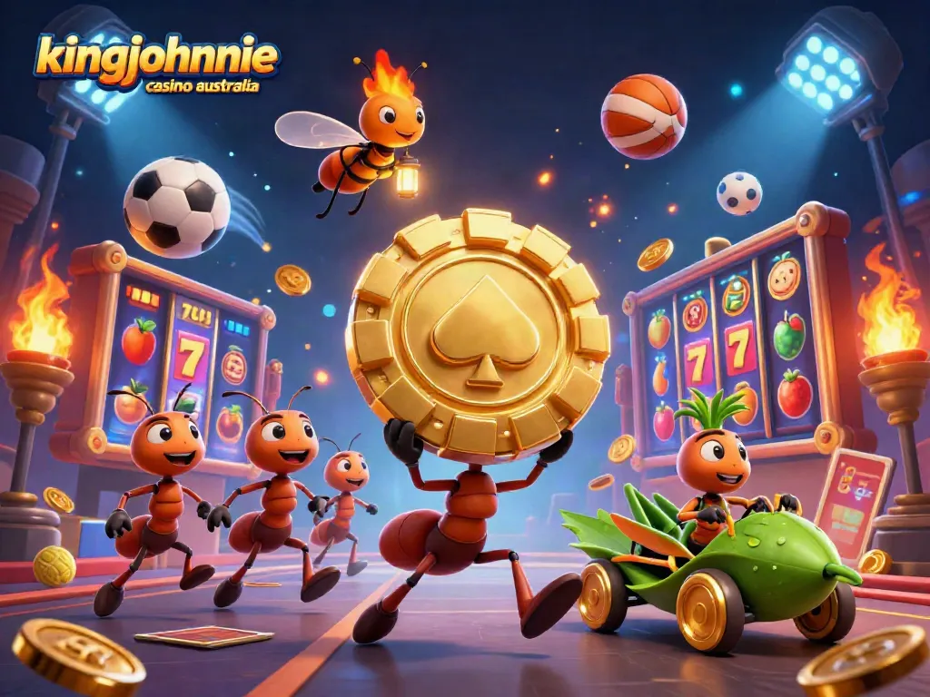 Join the action at kingjohnnie casino australia with eager ants on a heist amidst vibrant casino elements.