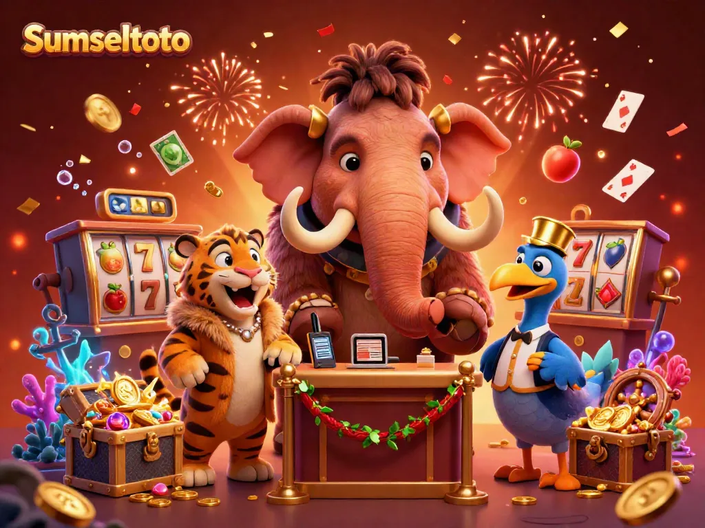 Experience the excitement of SUMSELTOTO with vibrant casino-themed characters including a bouncer and VIP guest.