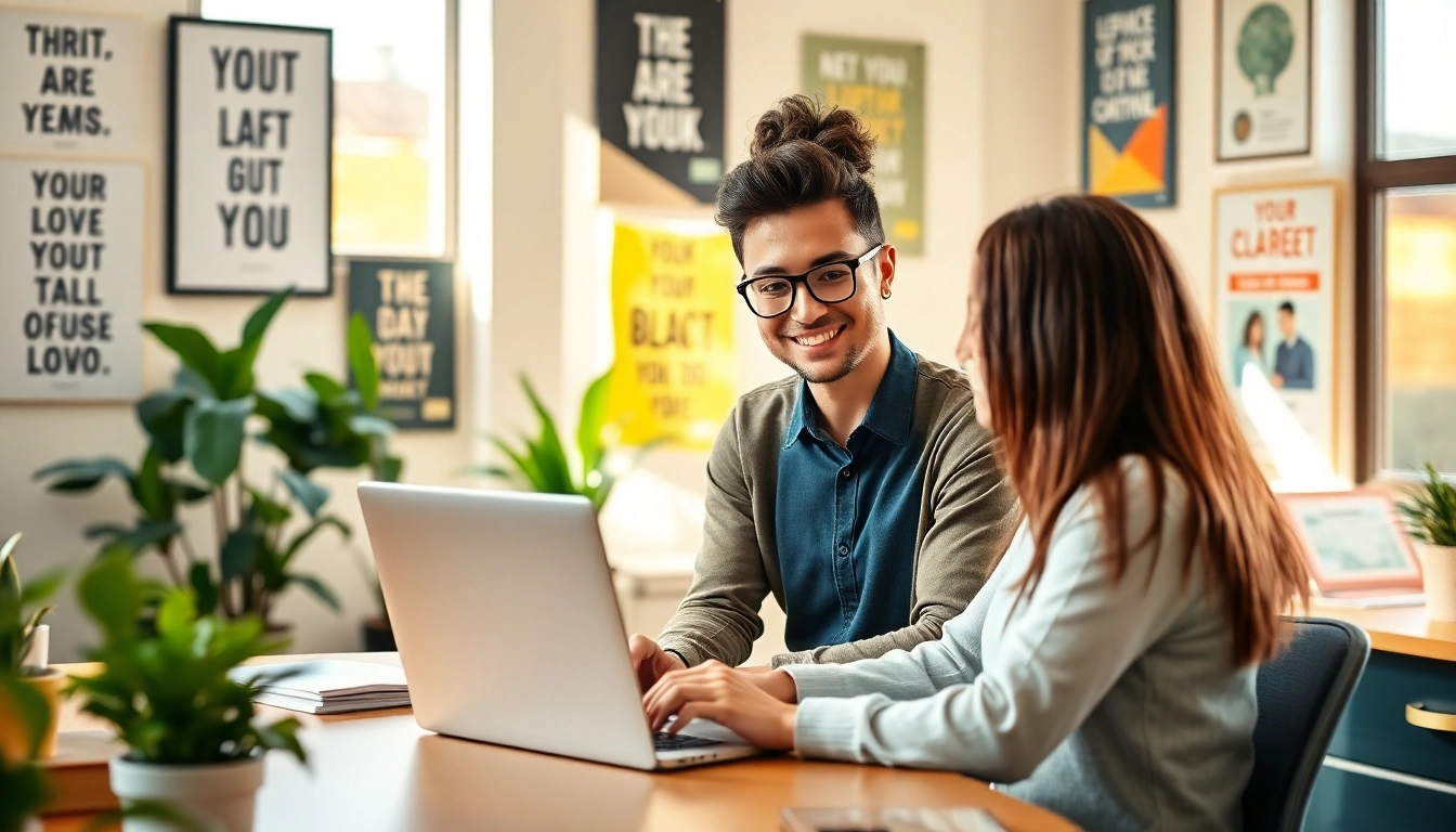 Find my true calling with a counselor guiding clients in a bright, motivational office setting.