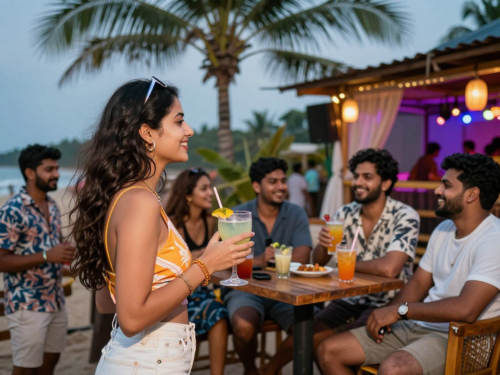 Call girls in goa enjoying vibrant nightlife at a beachside lounge.