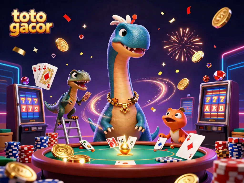 Experience the thrill of toto gacor with vibrant 3D characters in a dynamic casino scene filled with games and excitement.