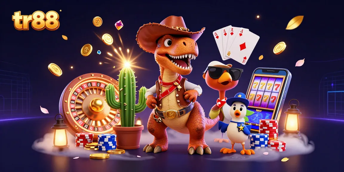 Experience tr88 thrills with a lively scene of T-Rex and friends in a casino filled with coins, cards, and gaming excitement.