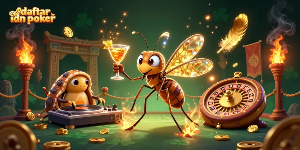 Engaging scene featuring daftar idn poker with playful casino mascot and lively DJ amidst vibrant gaming elements.