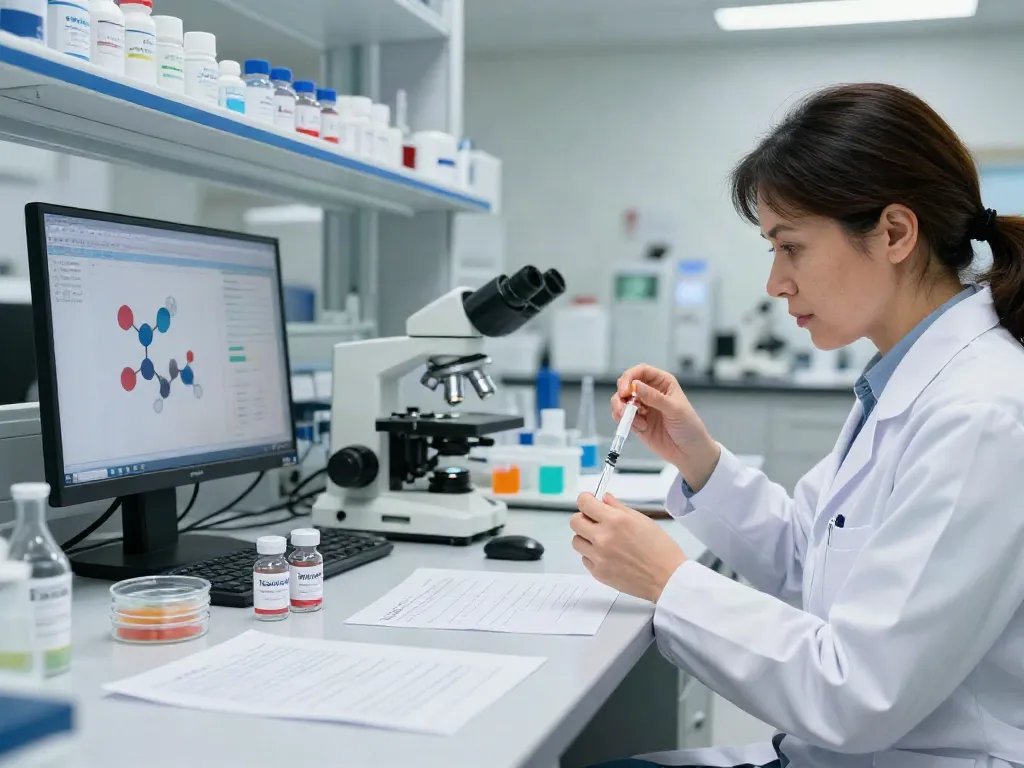 Researcher analyzing tesamorelin for sale in a professional lab.