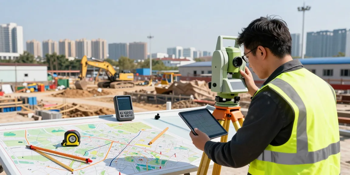 Topographical surveys conducted with advanced instruments by professional surveyor in urban setting.