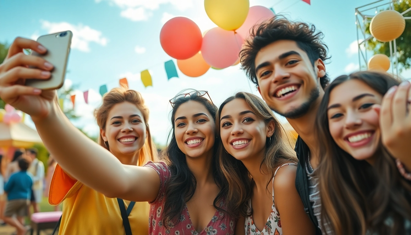 Group of friends joyfully taking selfies at a vibrant outdoor festival.