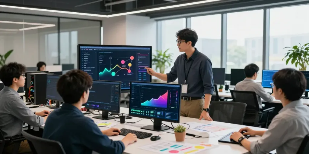 Engineer in modern office analyzing AI Token Economy metrics on a touchscreen.