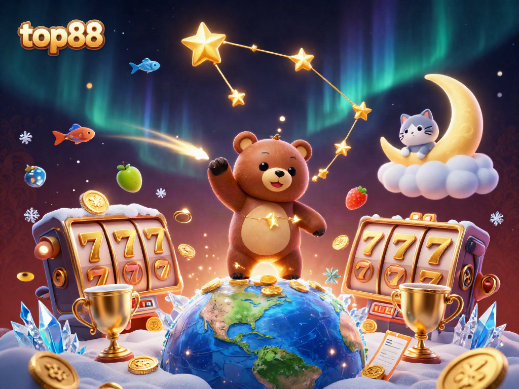 Win big at top88 with a vibrant 3D casino illustration of magical characters and dynamic slot elements.