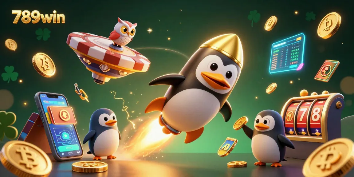 Experience the excitement of 789win with a rocket-powered penguin and a vibrant casino scene.