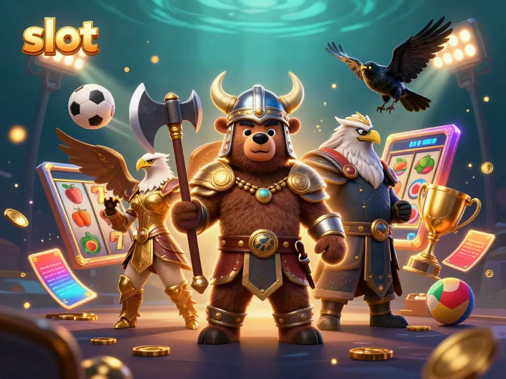 Experience exciting slot action with Viking bear and Valkyrie in a dynamic casino scene.