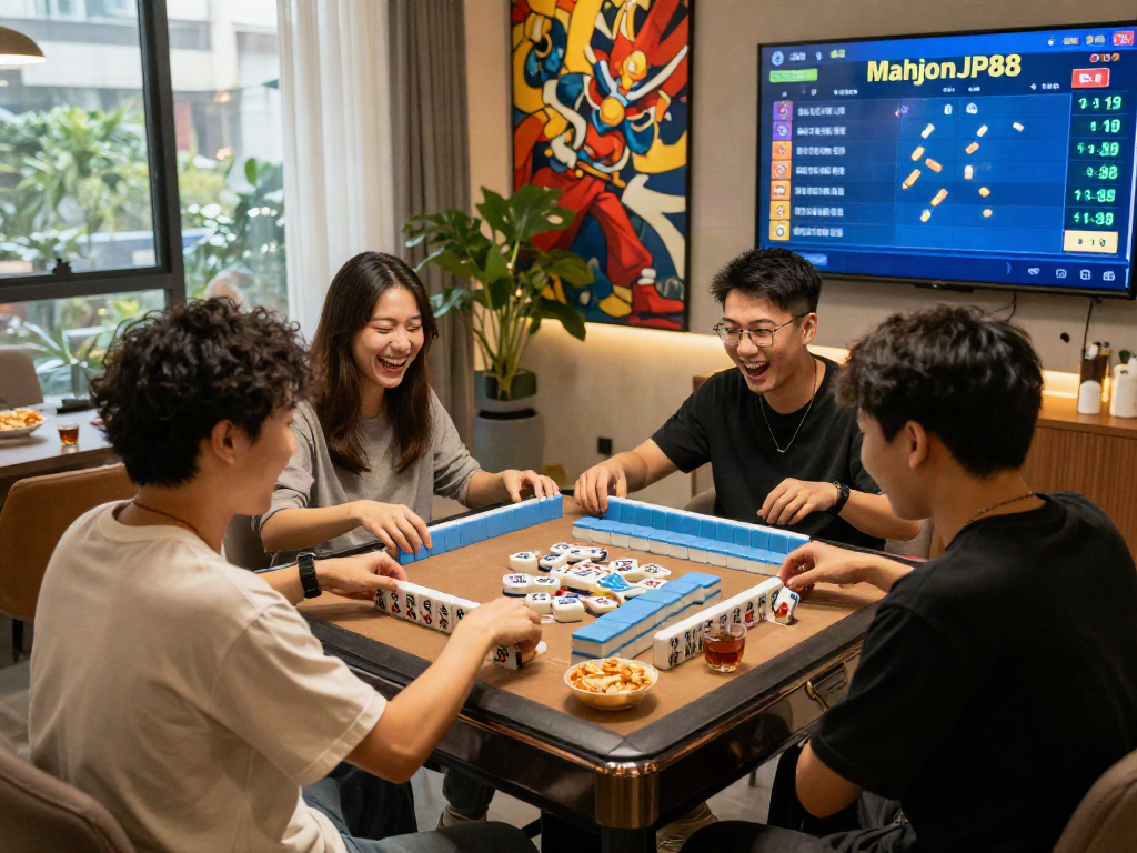 Friends enjoying a competitive game of MahjongJP88 in a lively, modern setting with colorful tiles and ambient lighting.