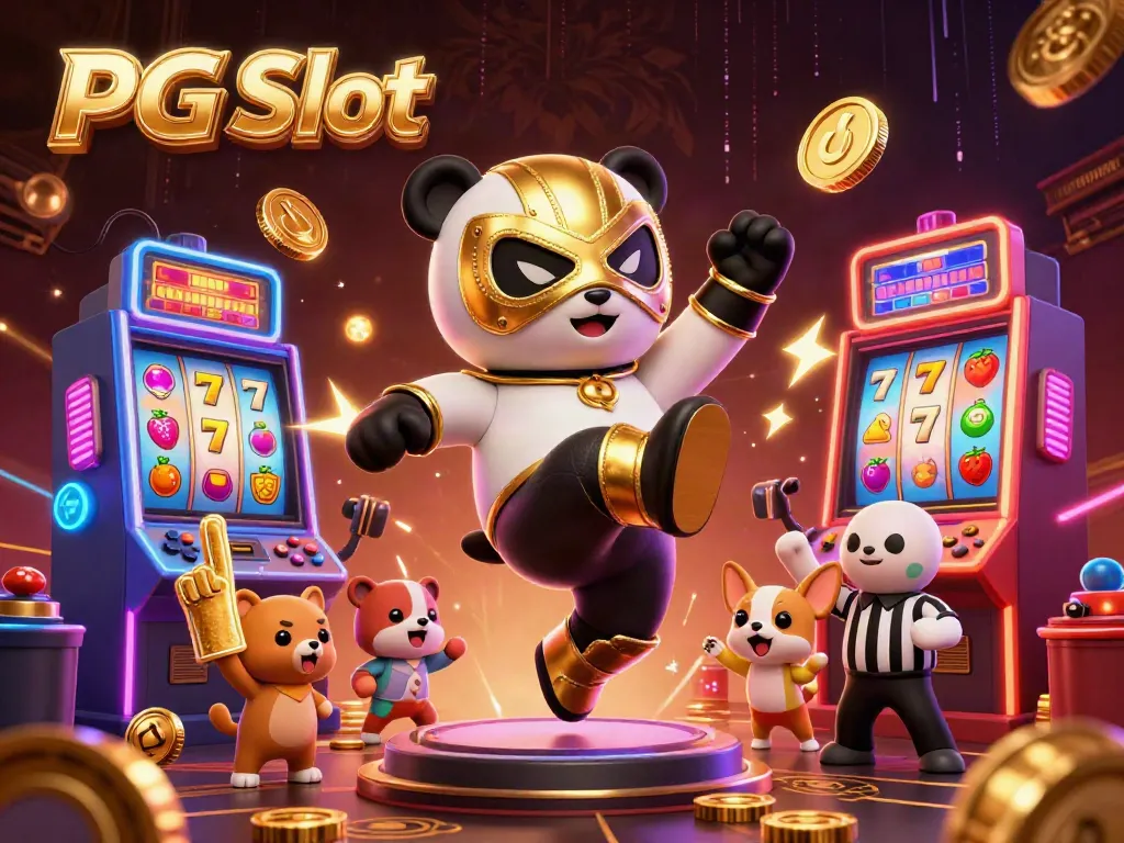 Ilustrasi PG Slot yang dinamis dengan panda tinju terbang dan mesin slot bersinar, menggugah semangat.