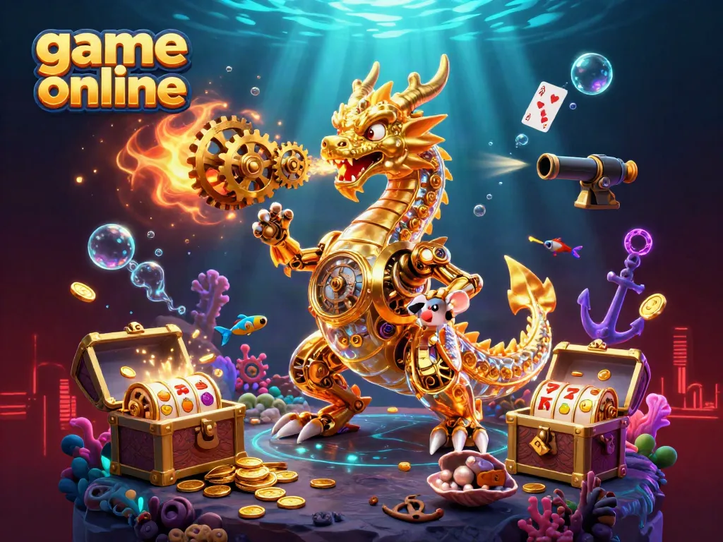 Engage with the top game online featuring a biomechanical dragon spewing gold gears amidst casino-themed treasures.