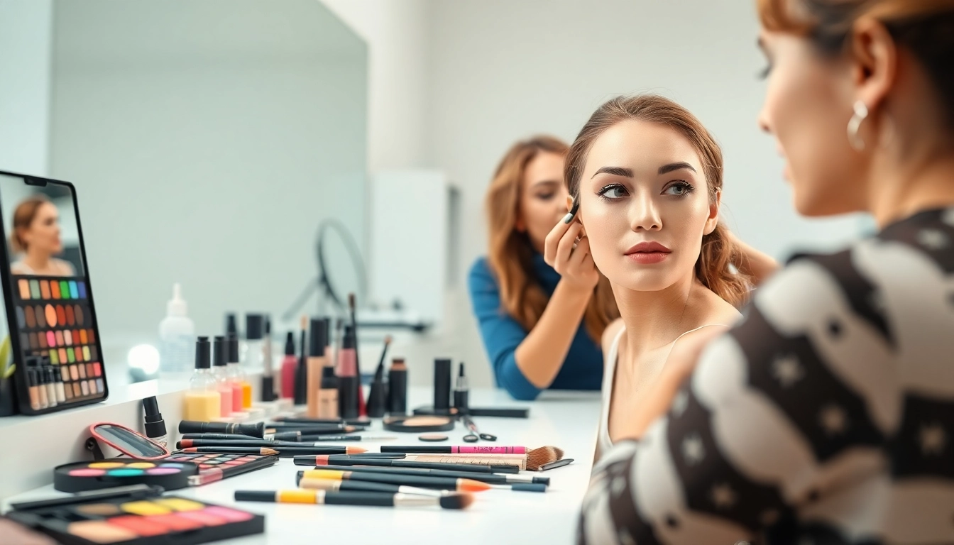 Engaging model receiving makeup application during makeup courses session.