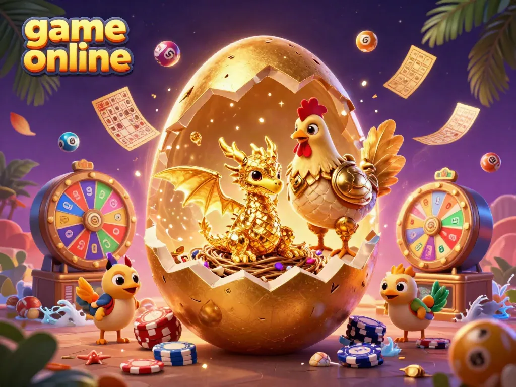 Experience thrilling game online action with a golden dragon, poker chips, and dynamic lottery elements.