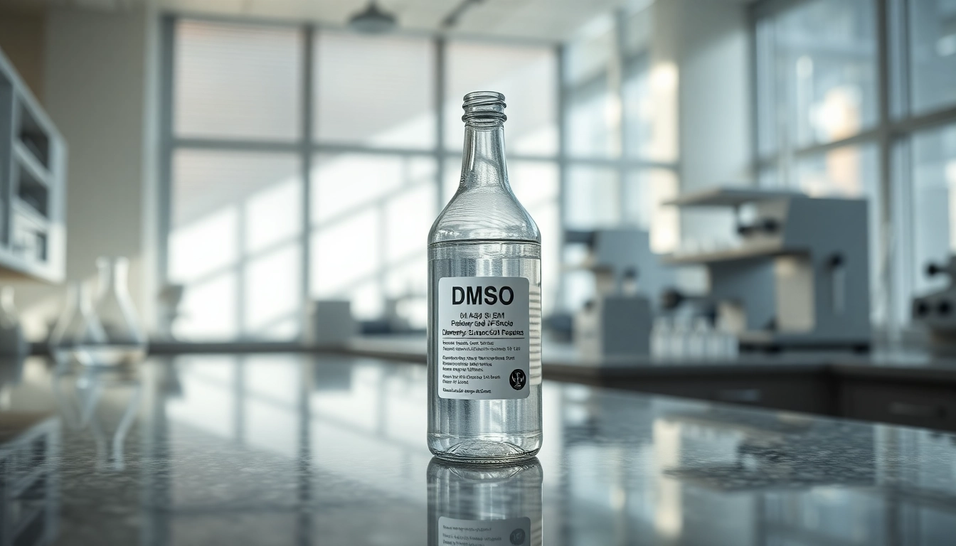 Highlighting dmso in a laboratory setting with a clear bottle and scientific instruments.