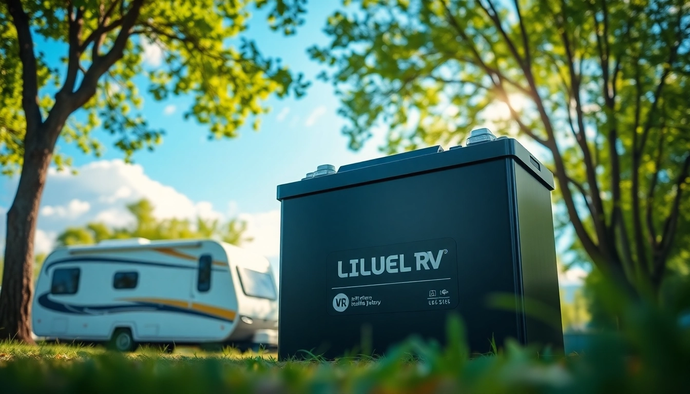 Showcasing a lithium RV battery in a natural setting with a camper in the background, emphasizing performance.