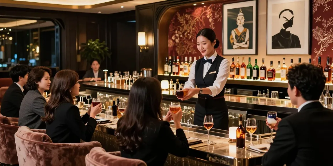 강남 구구단 쩜오의 고급스러운 라운지에서 우아한 호스트가 손님들을 맞이하며, 세련된 인테리어와 분위기를 보여줍니다.