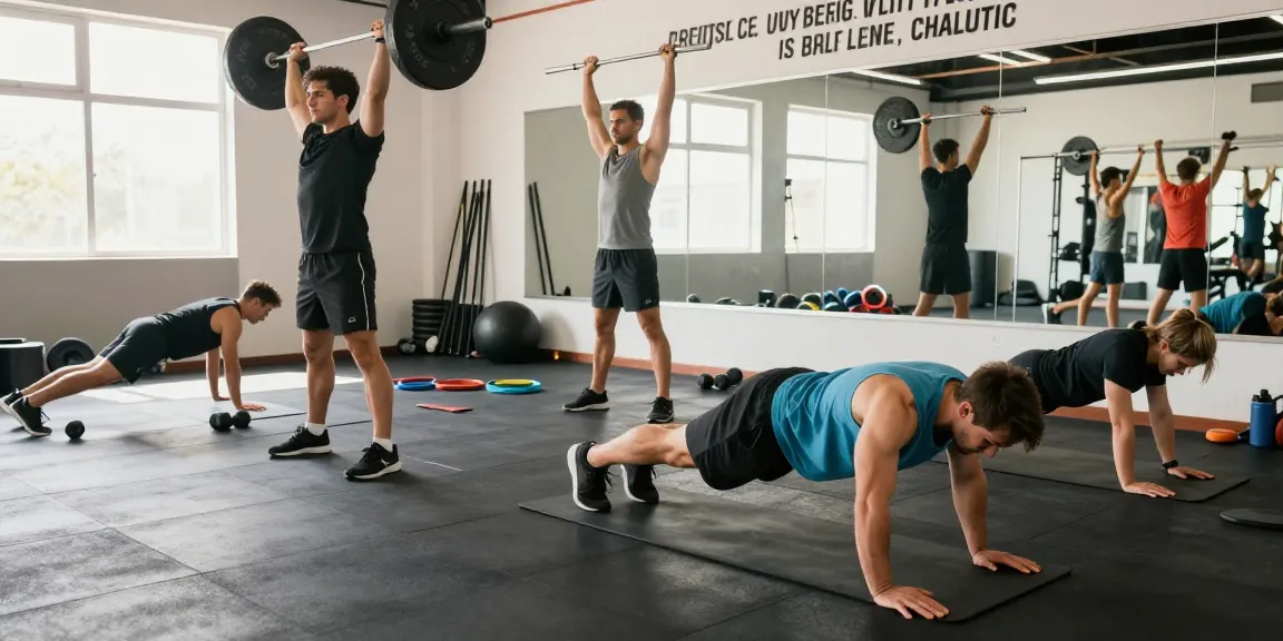 Men's gym clothes worn by individuals actively training in a bright fitness studio.