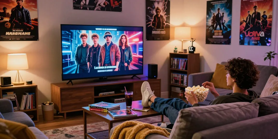 Cozy movie night scene featuring movie4u film on screen, popcorn, and relaxed atmosphere.