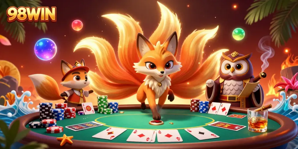 Win big with 98WIN at a lively poker table surrounded by colorful characters and casino elements.