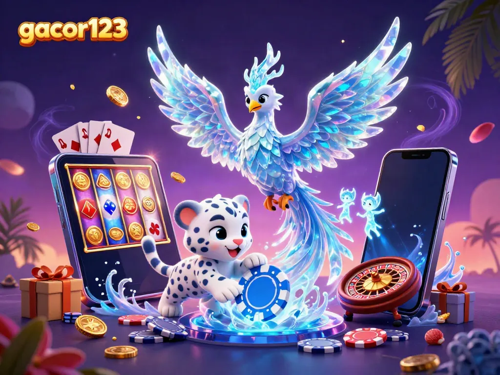 Spin to win with gacor123, featuring vibrant casino elements and playful ice characters.